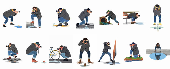 Diverse collection of vector illustrations showing a male photographer in various creative poses, capturing nature, reflections, and urban scenes with his camera. © Cristina