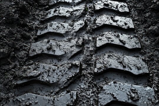close-up of a muddy off-road tire tread with wet clinging mud and rugged gritty texture conveying strength and resilience