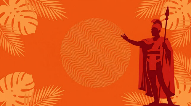 Iconic Hawaiian warrior statue in silhouette, set against a vibrant orange tropical background adorned with lush palm and monstera leaves, embodying island heritage and sun-kissed culture
