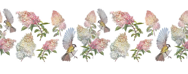 Watercolor seamless border with bouquet hydrangea and titmouse on white background. Pink botany flower and bird for Women day 8 march. Celebration wedding. Spring summer rim for wallpaper or wrapping © NatashaKun