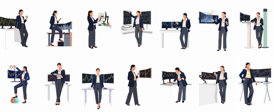 Set of illustrations depicting a professional female stock trader analyzing financial charts and market data across various workstation setups.
