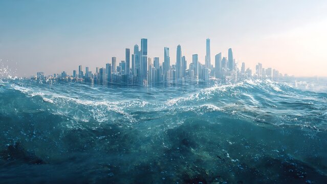 Dramatic conceptual illustration of a large modern city skyline threatened by giant, rising ocean waves, symbolizing climate change, global warming, rising sea levels, and natural disaster.