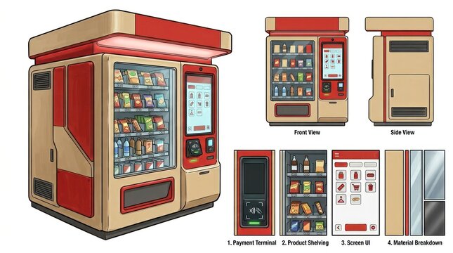 Detailed Illustration of a Vending Machine with Various Perspectives and Views.