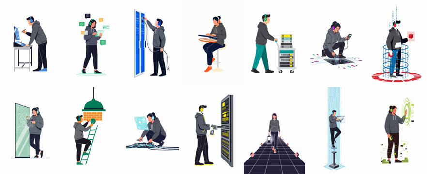 Comprehensive Vector Set of Data Center Engineers and System Administrators Performing Technical Tasks, Network Maintenance, and Cybersecurity Operations in Modern IT Infrastructure.