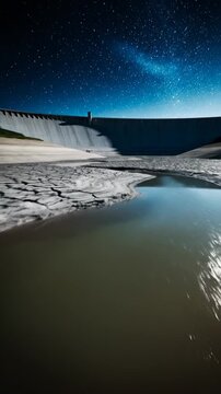 Cracked earth in foreground with a wide dam and waterfall at night under a starry sky, nature's power, drought and water conservation concept