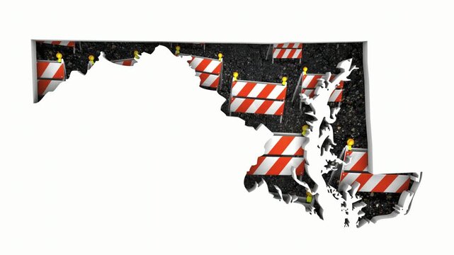 Maryland MD State Map Road Construction Project Traffic Signs Barriers Barricades 3d Animation