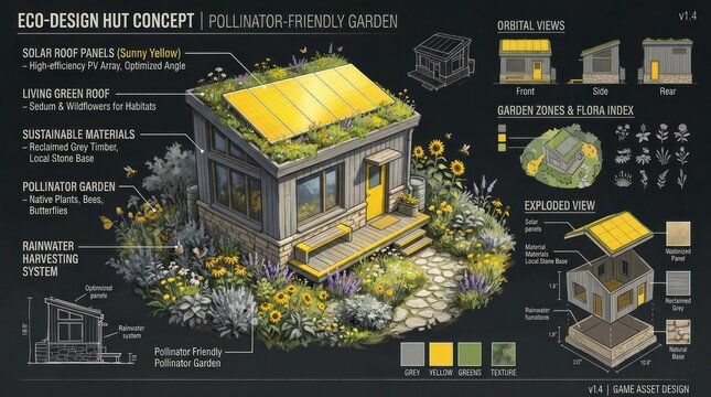 Eco-Design Hut Concept - Pollinator-Friendly Garden with Solar Panels and Sustainable Materials.