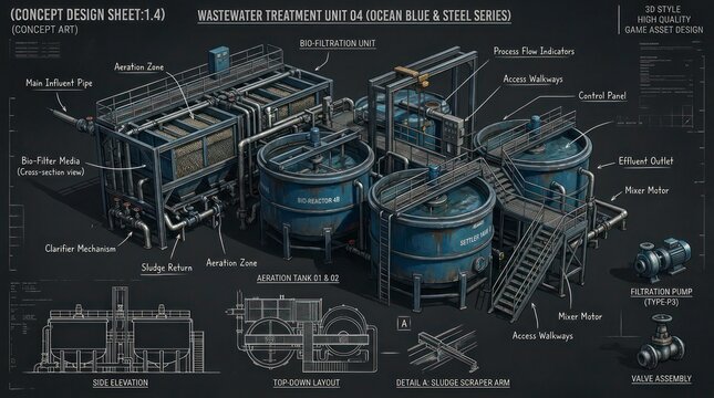 Detailed Wastewater Treatment Unit Diagram in Blue and Steel Tones.