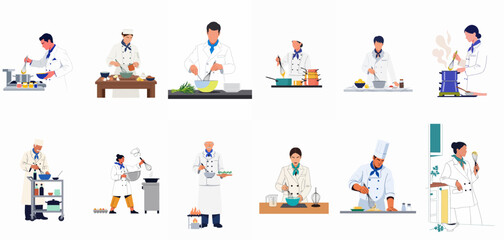 Fototapeta premium Collection of Professional Chefs in White Uniforms Cooking, Whisking, and Preparing Food in a Commercial Kitchen Setting, Isolated on White Background.