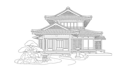 Fototapeta premium Traditional Japanese house and zen garden in line art