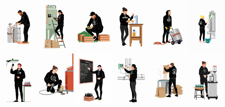 Flat vector illustration set of brewery workers engaged in various stages of craft beer production, from brewing and cleaning to bottling and serving.