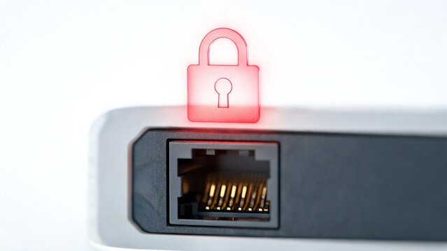 Macro Shot of Secure Server Port with Glowing Red Encryption Lock Hologram