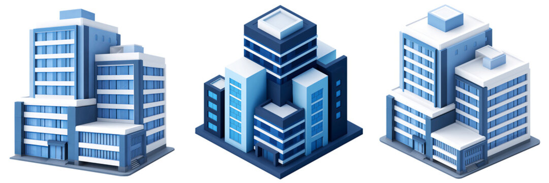 3d Isometric Office Buildings Icon Set in Modern Blue and White Style