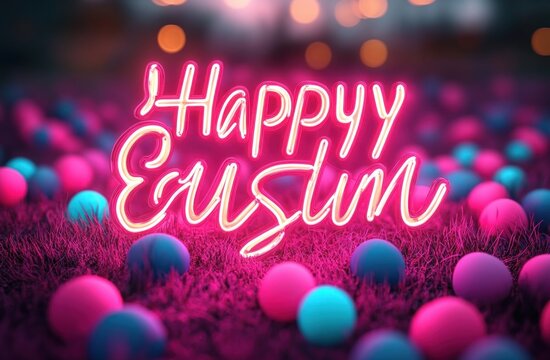 glowing pink neon cursive sign on grass surrounded by blue and pink balls with warm bokeh lights, festive playful mood