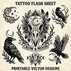 Fototapeta premium Gothic Tattoo Flash Sheet: Crow, Skull, Moon, Stars, Feathers