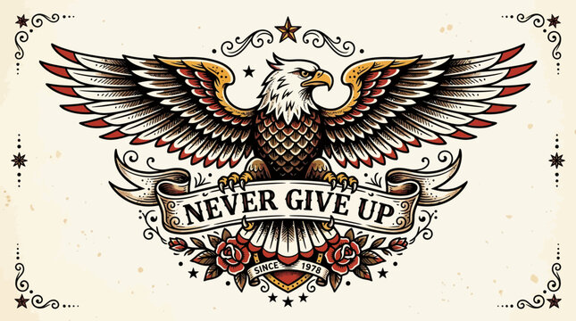 Eagle with banner saying Never Give Up, traditional tattoo style, vintage illustration