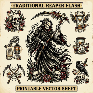 Grim Reaper Tattoo Flash Art with Skulls, Roses, and Time Motifs