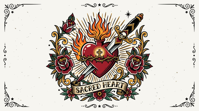 Sacred Heart Tattoo Design with Roses and Sword
