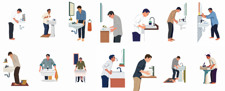 Vector Illustration Set of Men in Various Bathroom and Morning Routines, Washing Face, Grooming, and Feeling Unwell at the Sink
