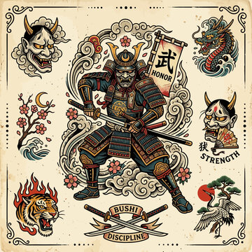 Samurai warrior with sword, traditional Japanese art, dragon, oni masks, crane, tiger