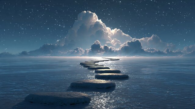 A winding path of stepping stones leads across a calm, reflective frozen sea toward glowing clouds under a starry night sky, creating a serene, surreal landscape.