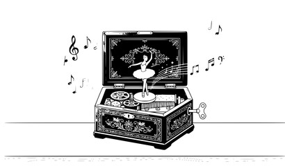 Elegant classical mechanical music box with rotating dancer on wooden table vector illustration © Wahida