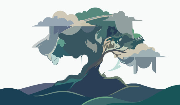 Fantasy surreal landscape vector with giant tree hanging clouds and dreamlike environment EPS10
