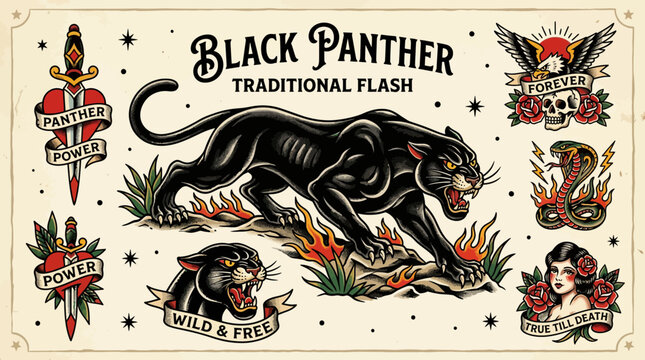 Traditional Tattoo Flash Art: Black Panther, Dagger, Skull, Snake, Woman