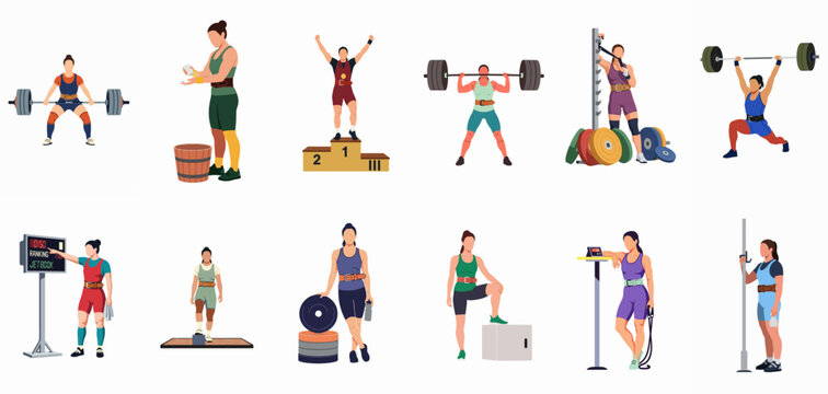 Collection of flat vector illustrations depicting female weightlifters in various stages of training and competition, featuring barbells, podiums, and gym equipment.