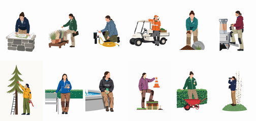 Fototapeta premium Professional female landscaper performing gardening, tree care, site maintenance, and landscaping project management tasks in a flat illustration character set.