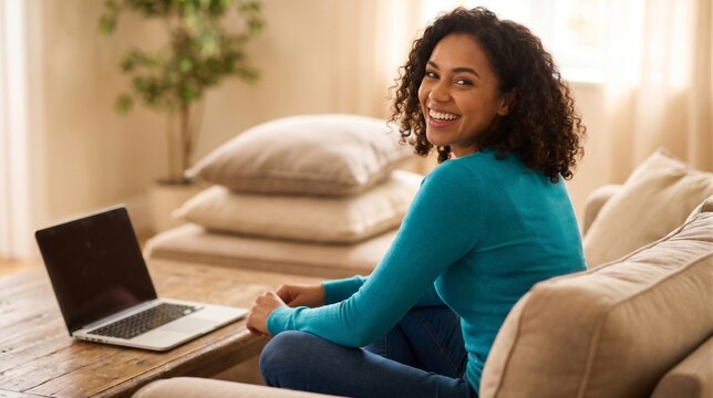Happy young woman sitting on a couch at home, looking back at the camera and smiling while working on her laptop on a coffee table