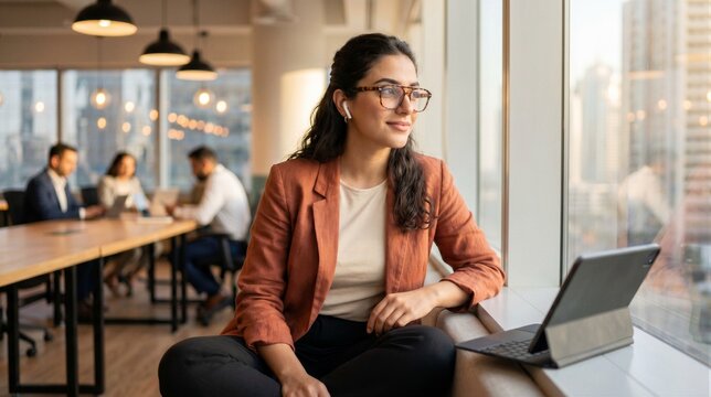 Professional woman sitting by a window in a modern office, looking out at the city skyline while working on her tablet