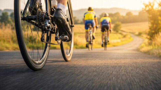 Closeup of a cyclists feet pedaling on a road bike with two other cyclists riding ahead on a scenic country road during sunset