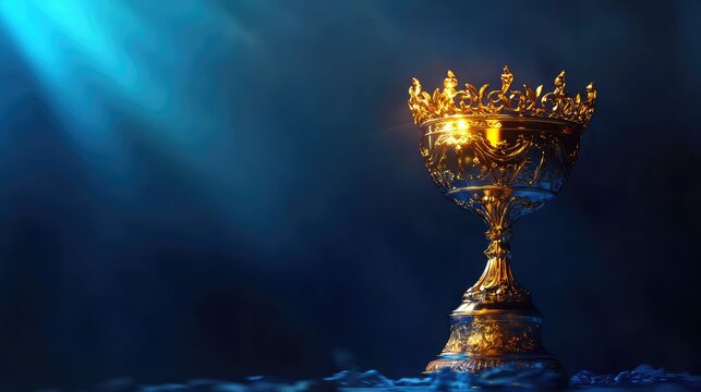 Golden Crowned Trophy on Dark Blue Background with Light Rays