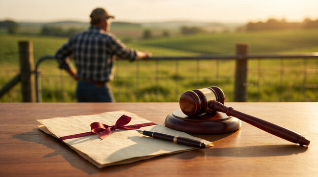 A wooden gavel, a fountain pen, and a document tied with a red ribbon on a table with a farmer looking out over a field in the background