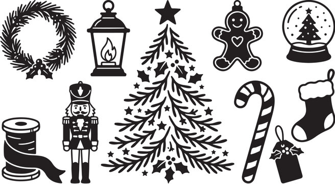 Christmas icons and decorations in black and white