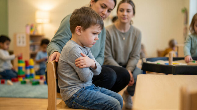 A young boy sitting on a chair in a classroom looking sad while a teacher comforts him with a hand on his shoulder