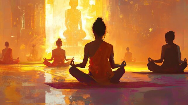 Serene Meditation Scene with Silhouetted Figures and Buddha Aura