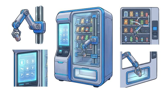 Futuristic Vending Machine with Robotic Arm and Digital Interface.