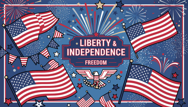 Vibrant illustration celebrating American Independence Day with waving flags, fireworks, and patriotic symbols.