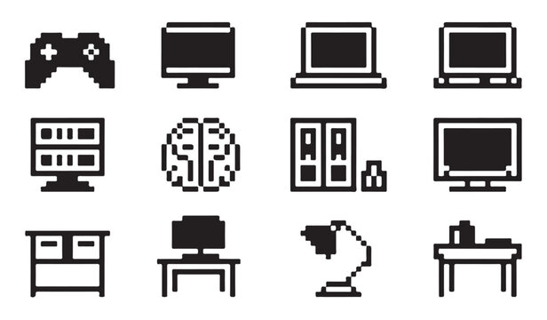 Pixel art icons set controller monitor laptop desk table lamp brain cabinet home office.