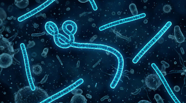 Microscopic 3D illustration of Ebola virus pathogens and bacteria cells floating in a dark blue fluid environment.