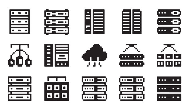 Pixel art server rack icons cloud computing data center technology network equipment.