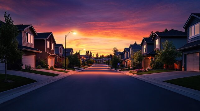 Serene Suburban Street at Sunset with Colorful Sky and Lamp Light