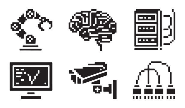 Future technology and robotic engineering pixel icons featuring brain server and surveillance.