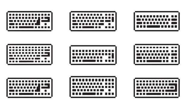 Set of nine pixelated computer keyboards with different layouts and isolated background.