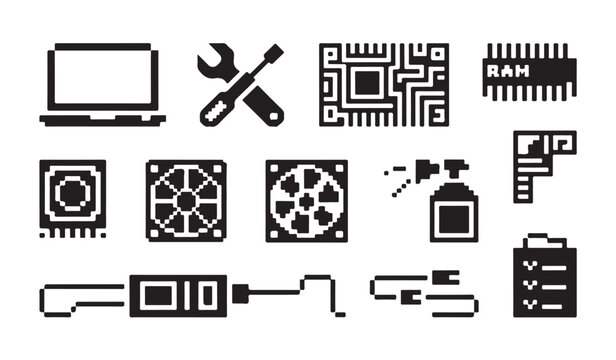 Set of 12 pixelated computer components and repair tools with transparent background.