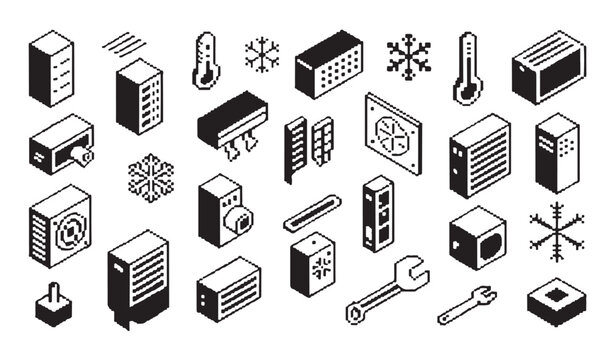 Collection of pixel art icons representing computer hardware and electronics in isometric view.