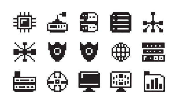 Pixel art icons for computer science and networking themes.