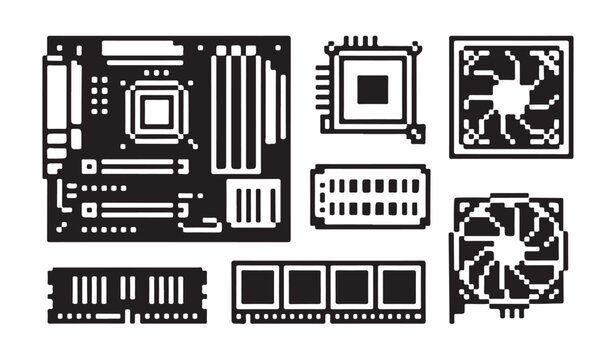 Pixelated computer hardware components like motherboard, CPU, RAM and fan.